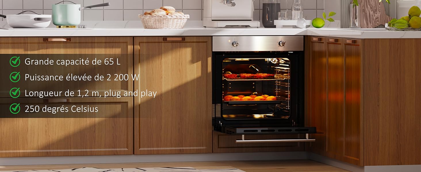 Four encastré à porte ouverte dans des armoires de cuisine en bois. L'écran montre de la viande rôtie. La superposition de texte répertorie les caractéristiques du four : capacité de 65 L, 7 modes de cuisson, plateau tournant de 12 pouces,