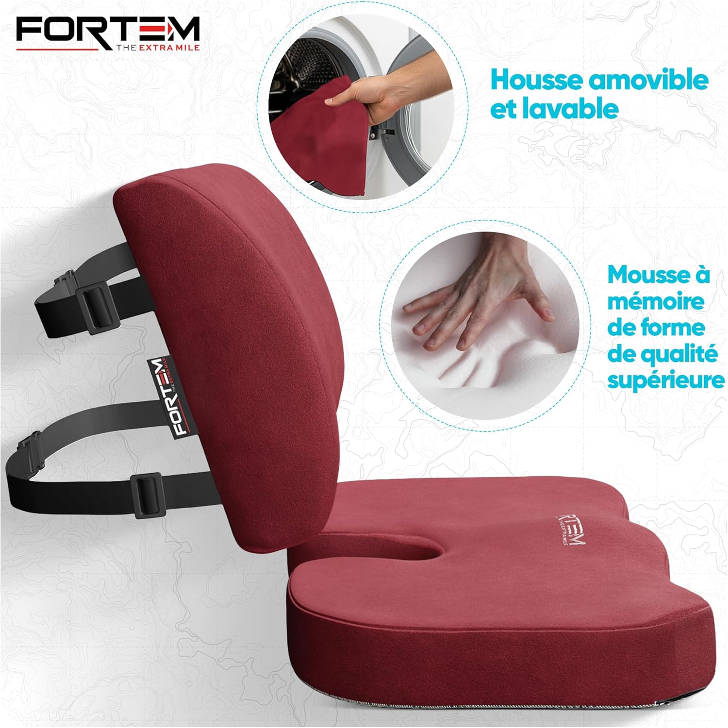 FORTEM - coussin lombaire et assise - mousse mémoire, antidérapant, soutien prolongé