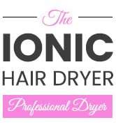 Le texte indique « Le sèche-cheveux ionique professionnel ». Le produit présenté est un outil de coiffure professionnel en blanc sur fond décoratif rose.
