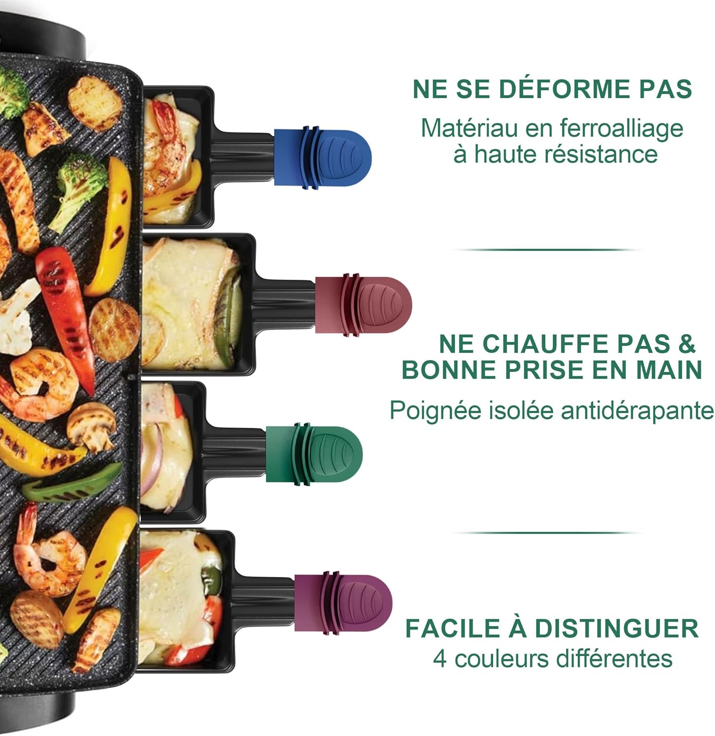 ipow - Lot de 8 poêlons carrés 12x8cm, revêtement antiadhésif, poignées colorées, avec 8 grattoirs bois