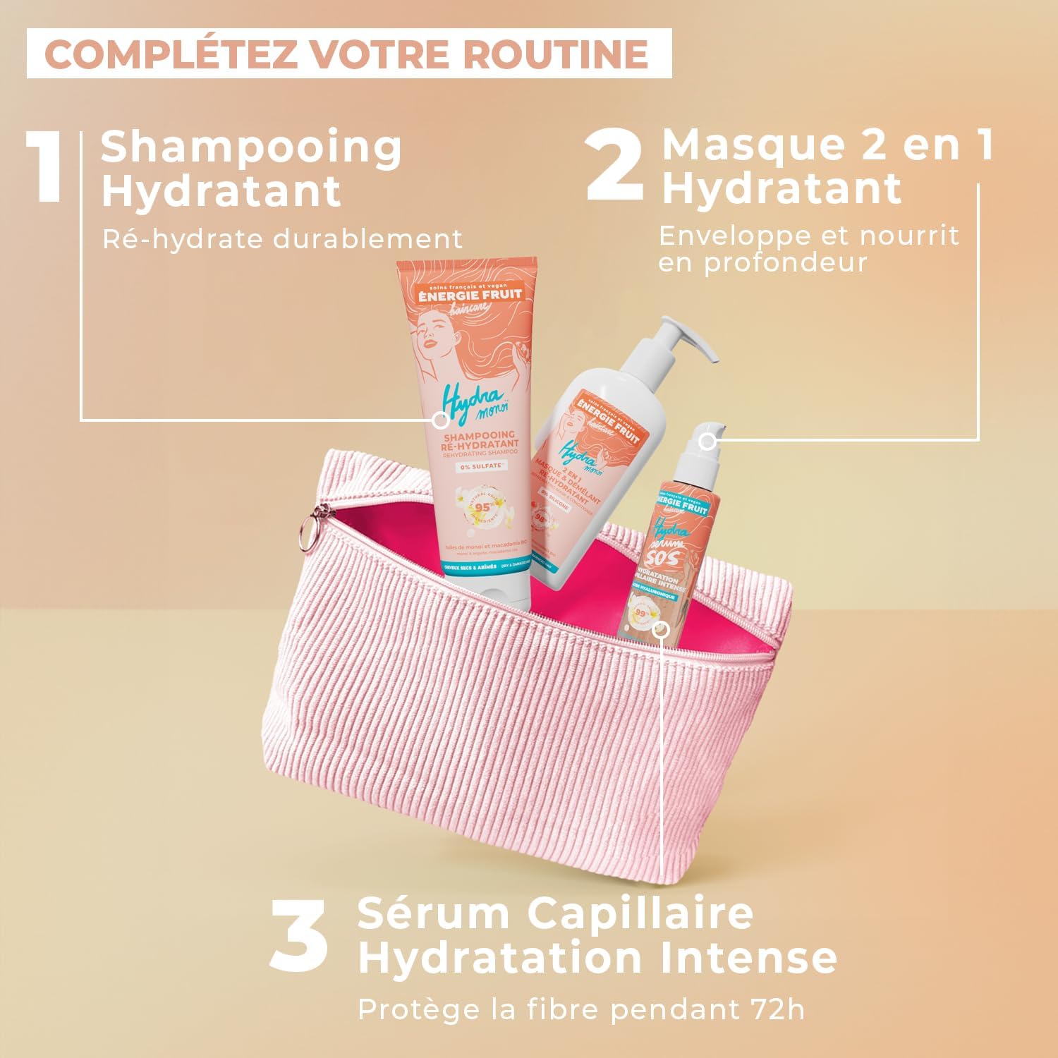 Energie Fruit - Routine capillaire Monoi & acide hyaluronique - trio soin cheveux secs, trousse offerte