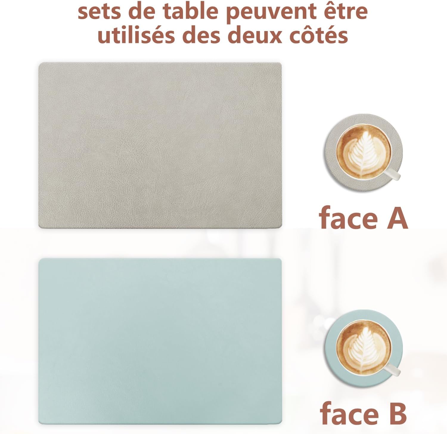 Set de table - lot de 6, 43x30cm, lavables, antidérapants, PU double face