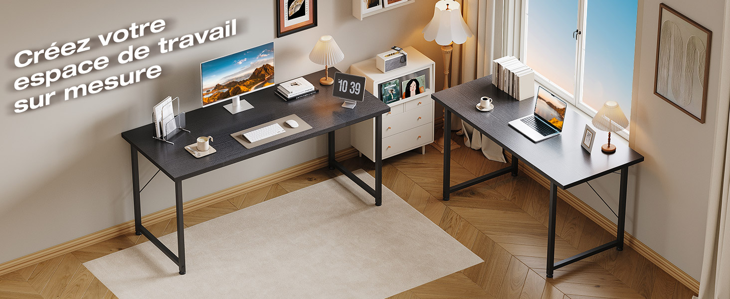 Espace de bureau moderne avec plusieurs postes de travail dotés de bureaux noirs disposés en rangées, offrant des options de configuration flexibles de l'espace de travail.