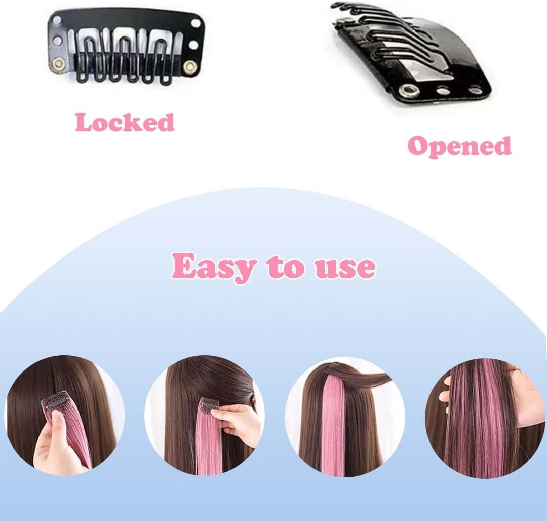 Extensions de cheveux colorés - 12 pièces - clipser - mèches roses