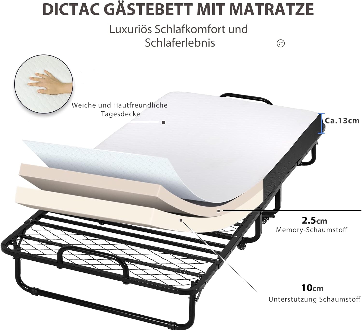 DICTAC - lit pliant 90x200 cm, matelas mémoire de forme, avec roulettes