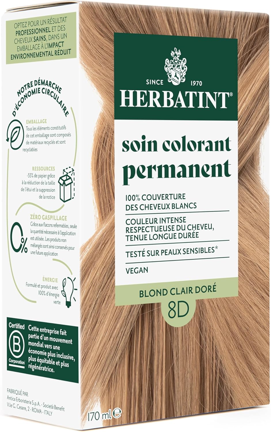 Herbatint - Soin Colorant Permanent 170ml - blond doré, sans ammoniaque, 100% couverture