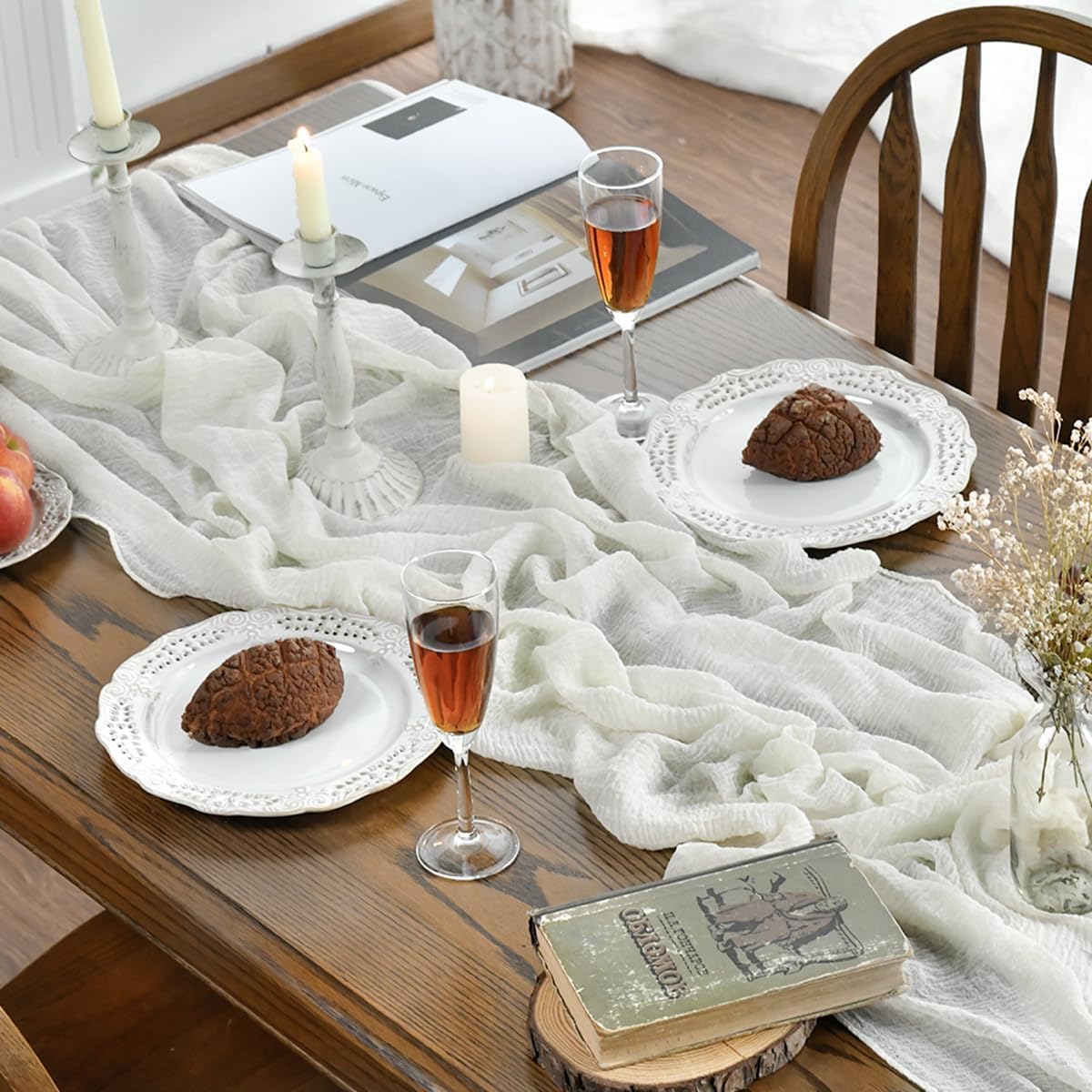 Artoid Mode - lot de 6 chemins de table - 300 cm - gaze mousseline boheme blanc