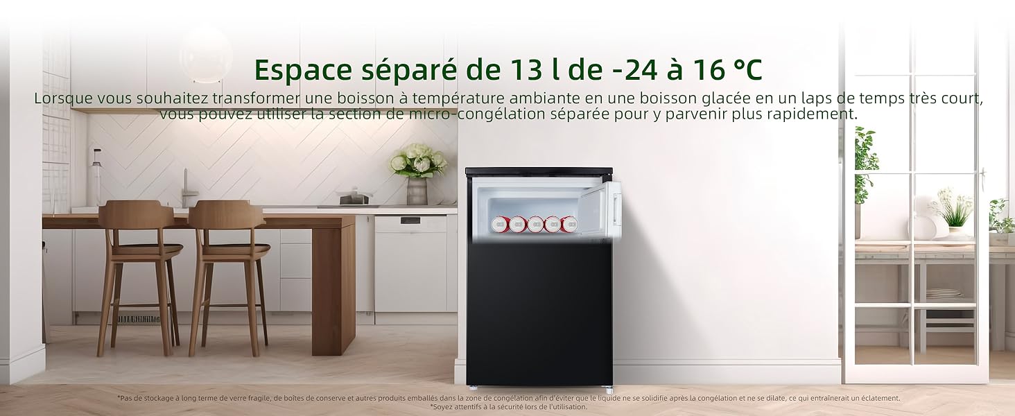 Cuisine moderne avec table en bois, chaises et appareils électroménagers. La superposition de texte en français mentionne une plage de température de -24 à 16 degrés Celsius.