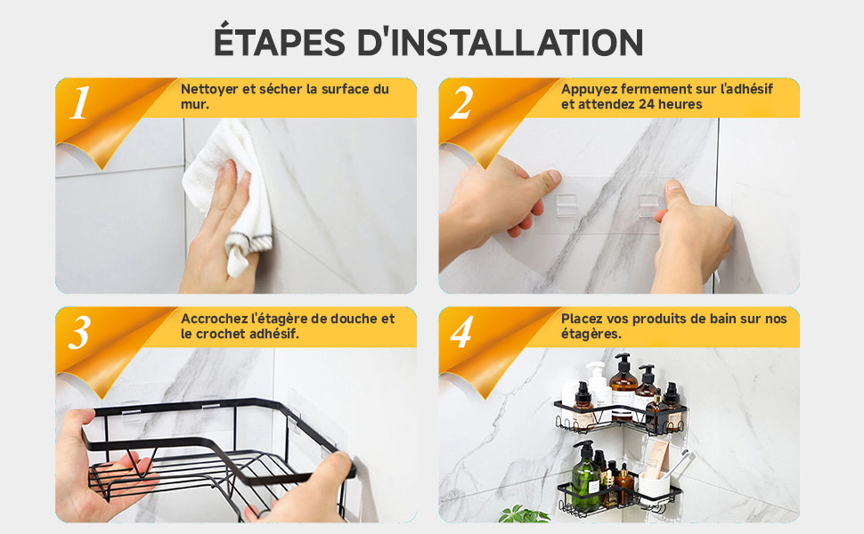 Guide d'installation en quatre étapes pour une étagère d'angle ou un meuble de rangement, illustrant le processus de montage mural avec adhésif et présentant le produit final.