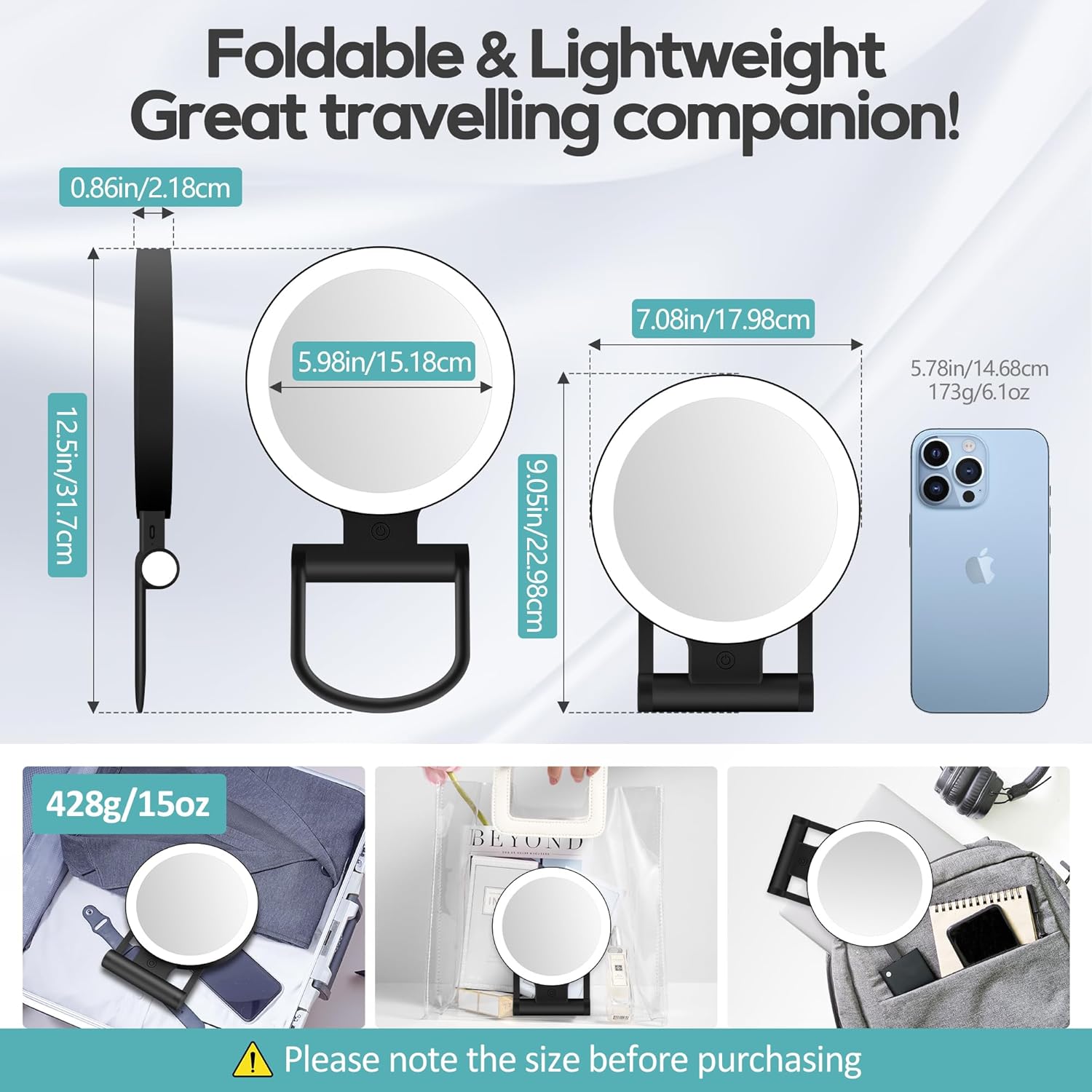 B Beauty Planet - miroir grossissant double face, 1x/30x, 2000mAh, LED, 3 couleurs, pince à épiler, compact