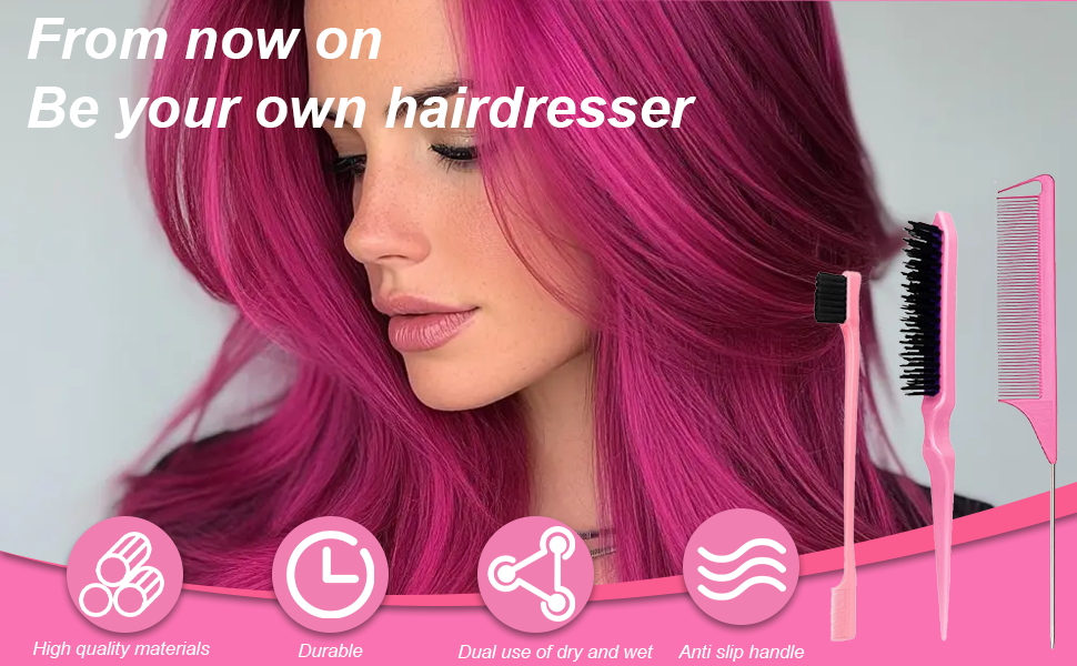 Personne aux cheveux roses éclatants tenant une brosse à cheveux. La superposition de texte suggère une capacité d'auto-coiffure