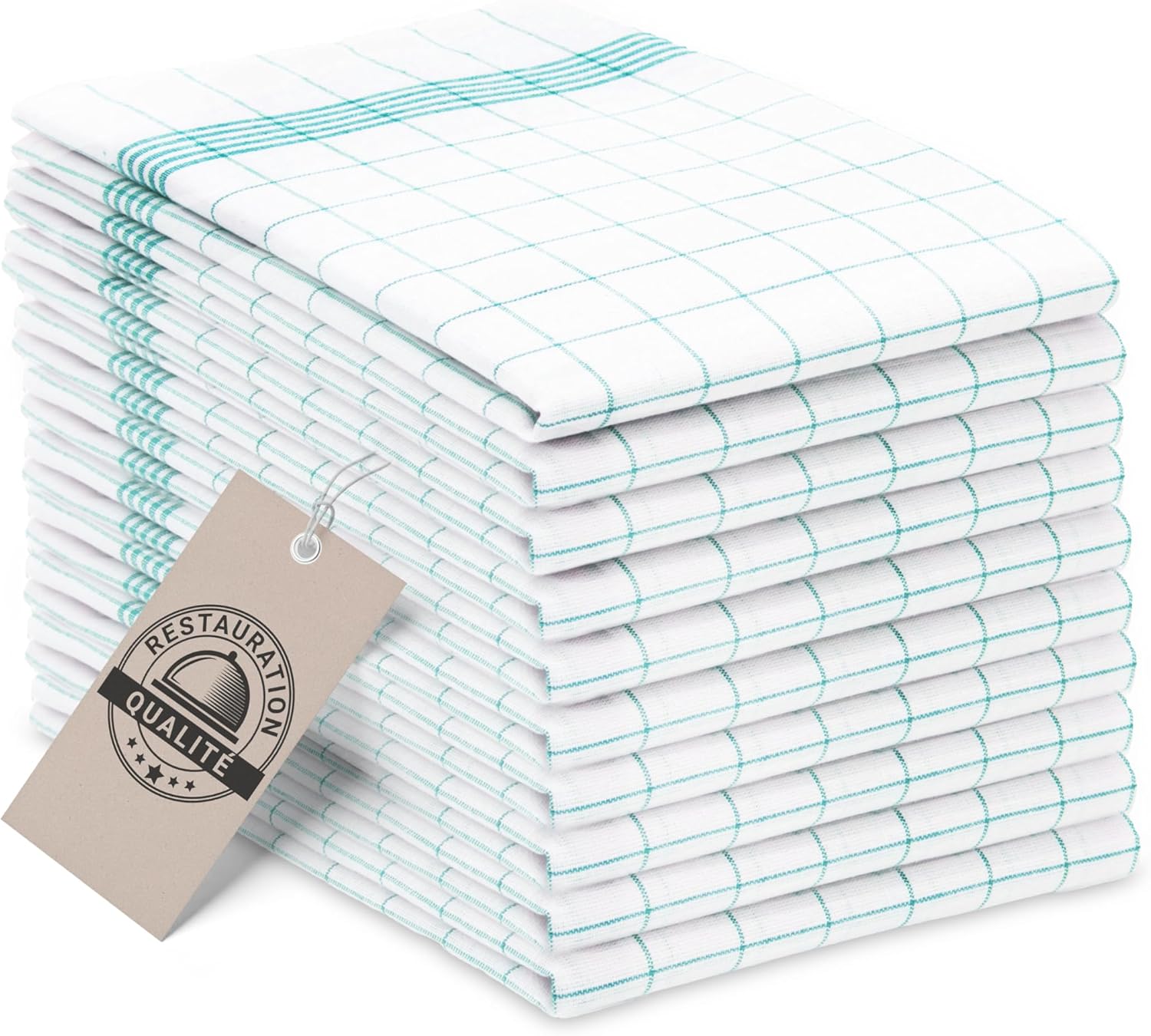 ZOLLNER - Set de 10 torchons, coton, 50x70 cm, turquoise à carreaux