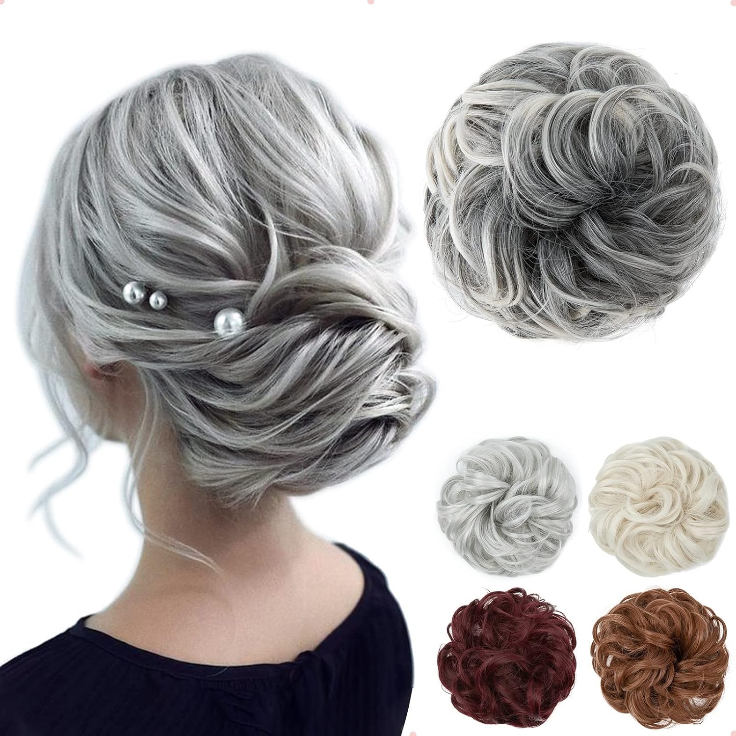 JJstar - Chignon postiche bouclé, gris mèches blanches, élastique, aspect naturel