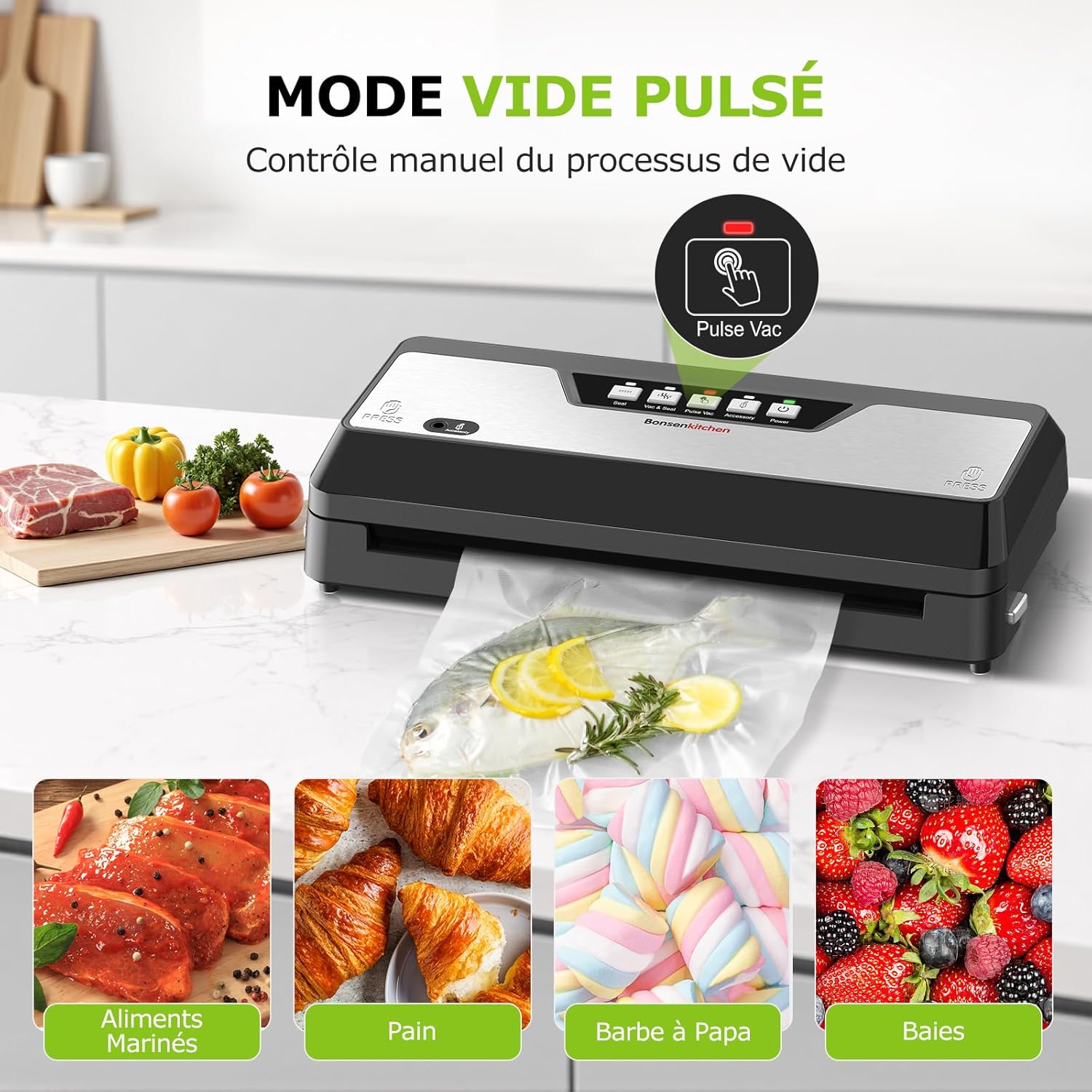 Bonsenkitchen – Machine sous vide – compacte – coupe-sac, rangement, rouleau, 5 sacs