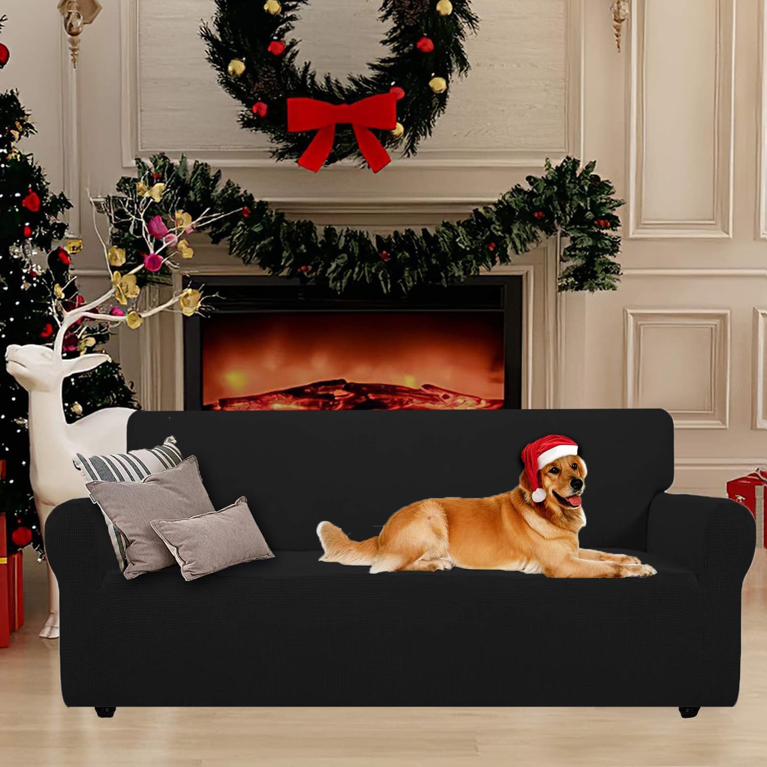 Housse canapé 1 place - extensible - noir - antidérapante, anti-tache