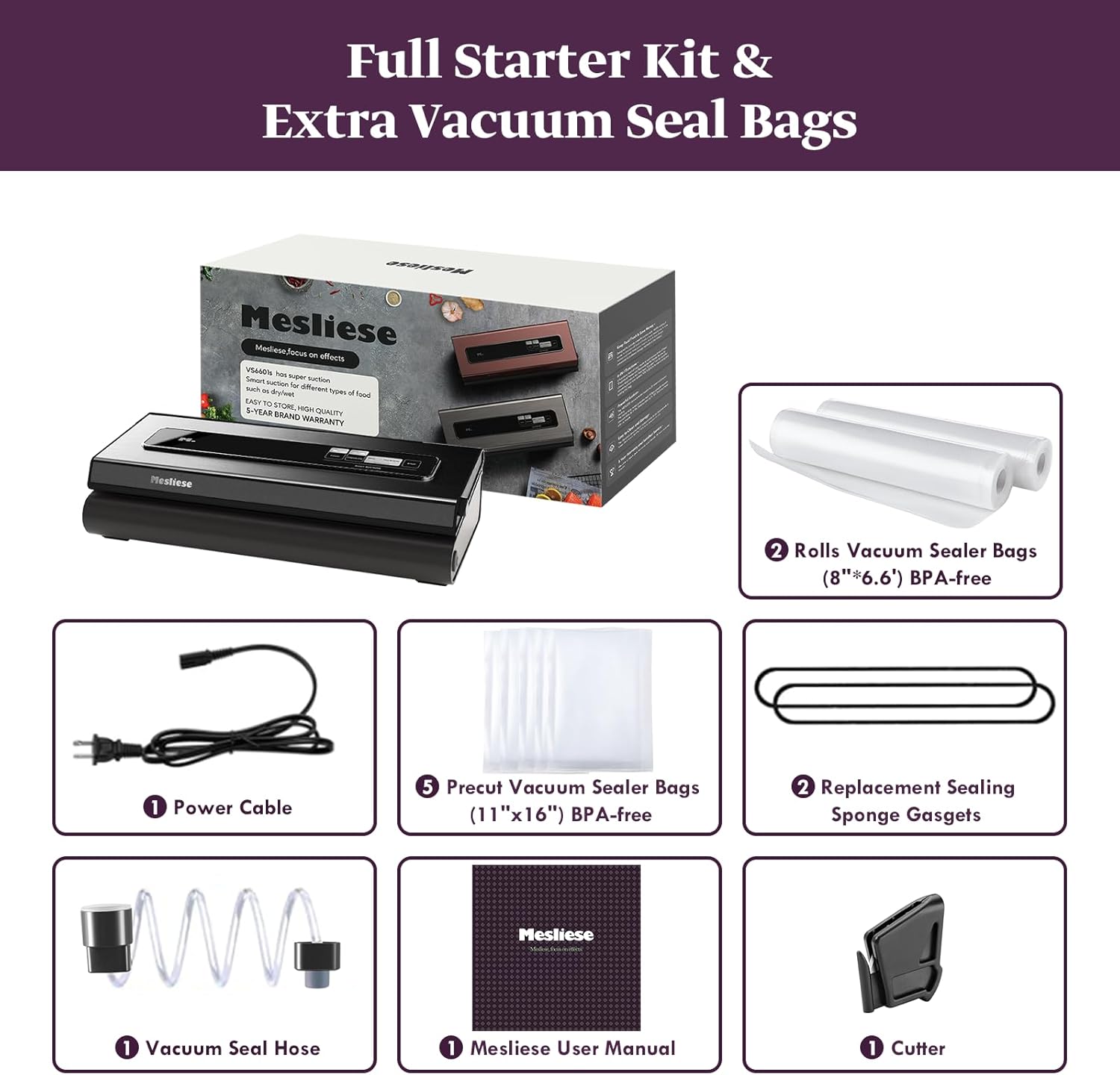 Mesliese - Machine Sous Vide 6-en-1, compacte, 90Kpa, gris, 2 rouleaux, 5 sacs