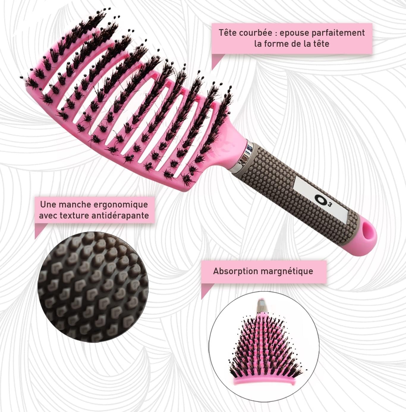 Brosse à cheveux - set 2 pièces - poils de sanglier, rose/violette, démêlage naturel sans larmes