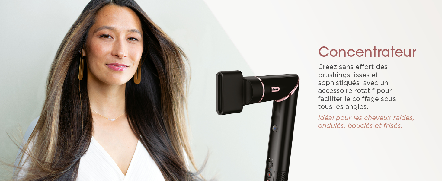 Le texte indique « Concentrateur ». Série d'images de démonstration de produits montrant un outil de coiffure utilisé avec diverses techniques de coiffage.