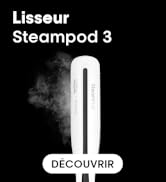 Le texte se lit comme suit : « Lisseur Steampod 3 » avec bouton « DÉCOUVRIR ». Image marketing montrant un design noir élégant avec effet de vapeur visible sur fond sombre.