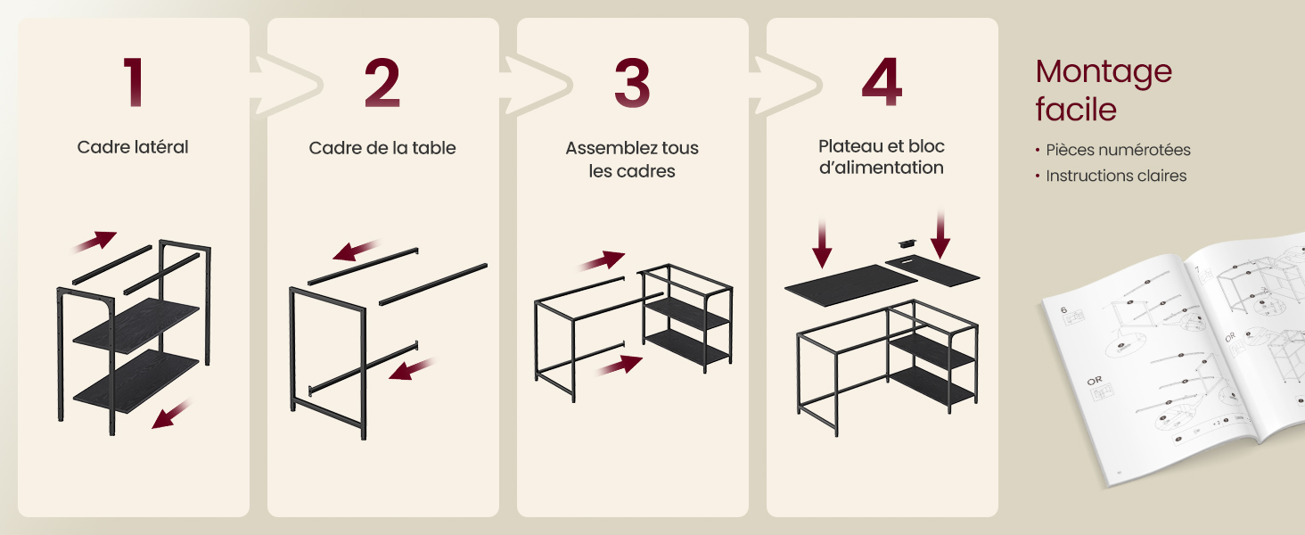 Schéma d'instructions de montage numéroté de 1 à 4 montrant le processus de construction du meuble étape par étape avec des dessins techniques et des détails de montage.