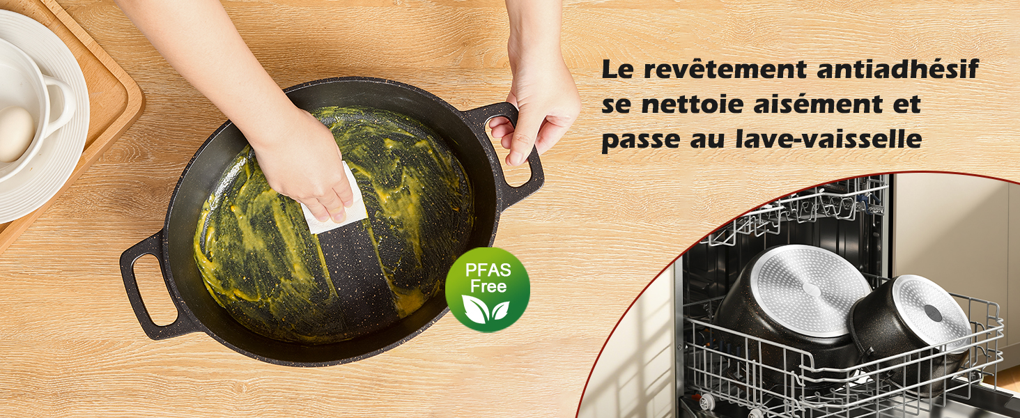 Le texte en français traite du nettoyage et de la sécurité du lave-vaisselle. L'image montre des ustensiles de cuisine ou des ustensiles de cuisine teintés de vert en mettant l'accent sur les instructions d'entretien.