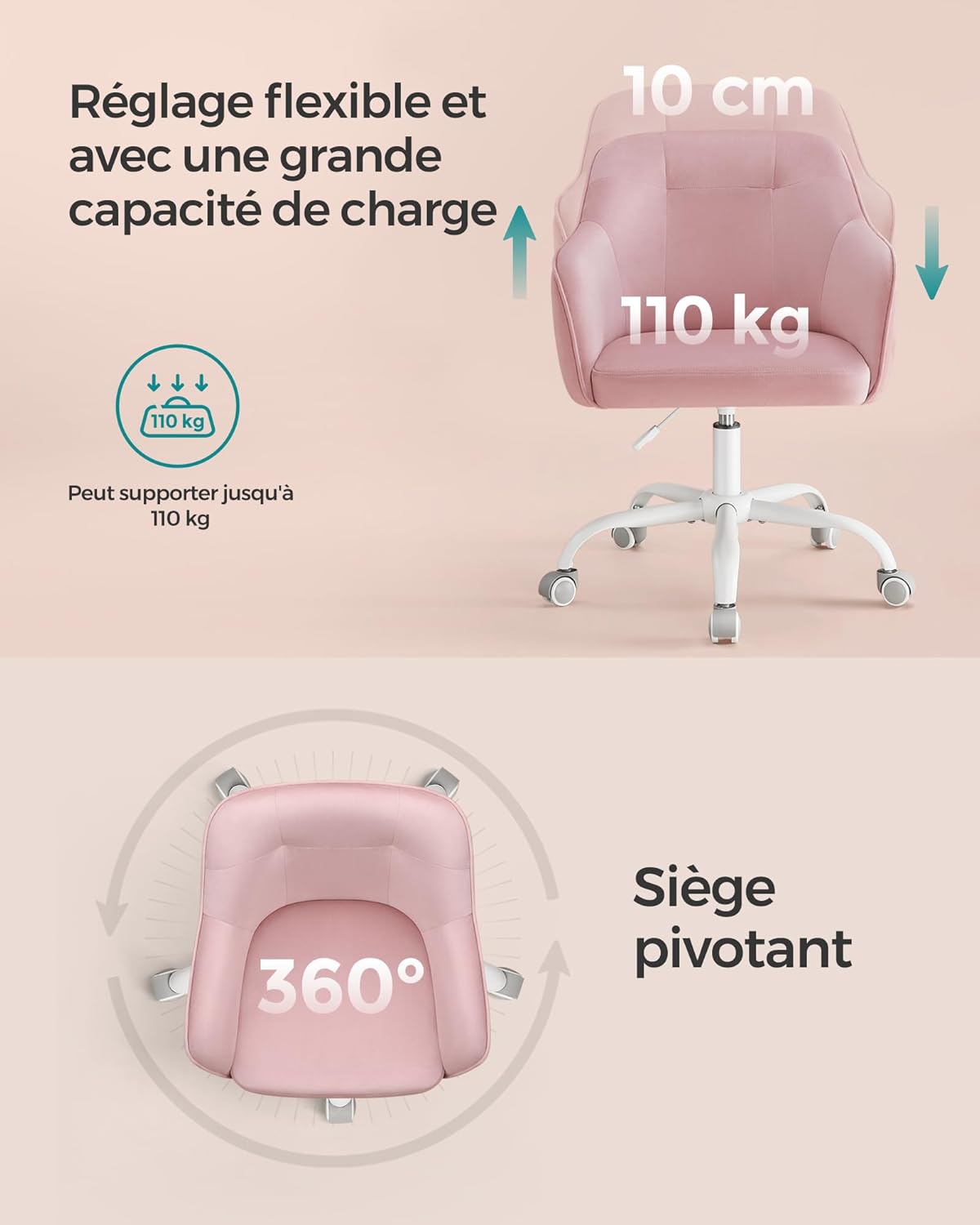 SONGMICS - fauteuil ergonomique velours, cadre acier, réglable, 110kg, OBG019P02