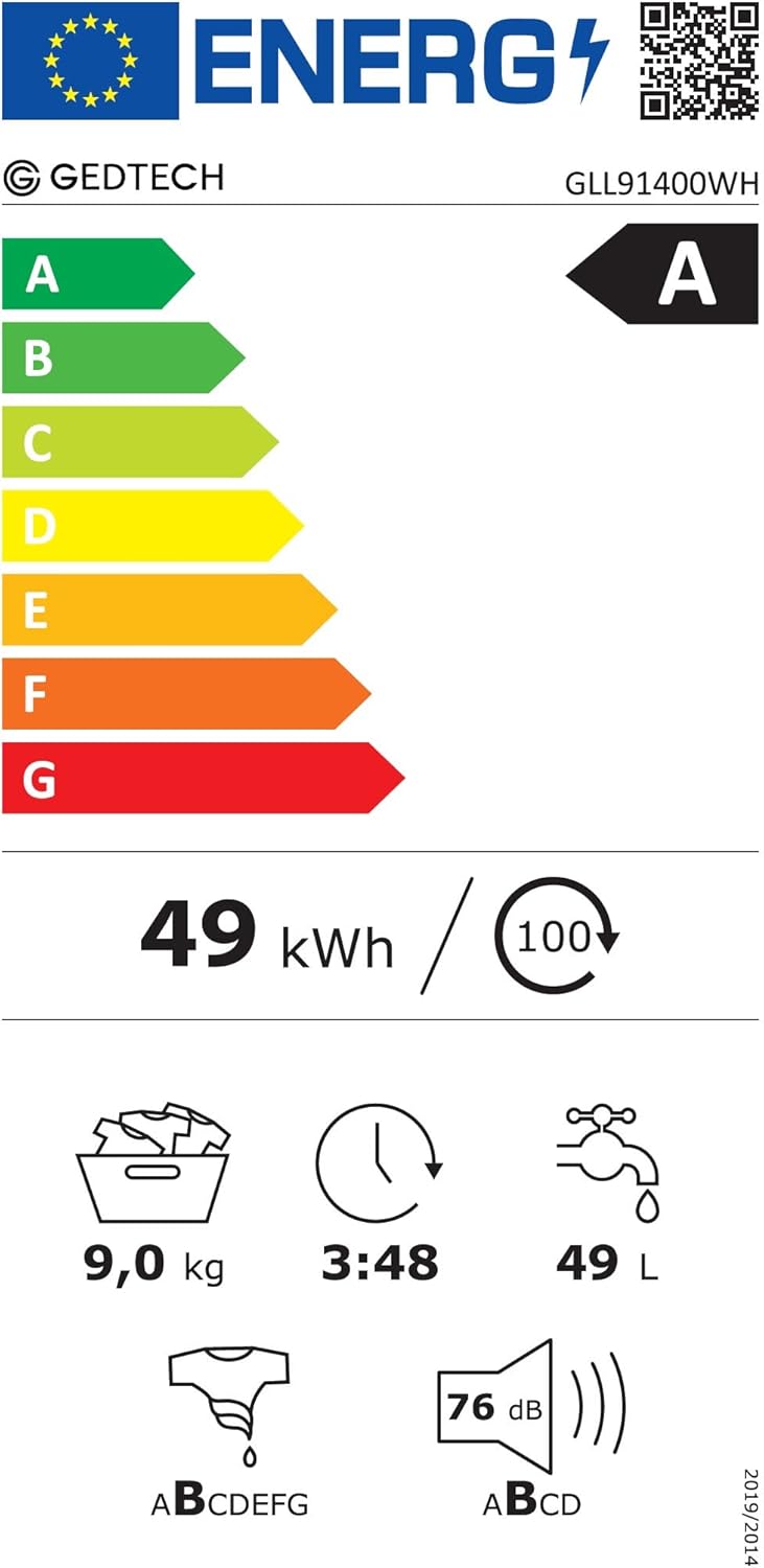 GEDTECH - Lave-linge frontal, 9kg, 1400tr/min, 16 programmes, GLL91400WH