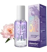 Le texte se lit comme suit : « Immetee » sur une boîte d'emballage violette et un flacon transparent avec une décoration de fleurs roses. Produit à base d'huile capillaire avec un design d'emballage violet et blanc.