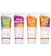 Gamme de produits comprenant quatre contenants différents avec des motifs dégradés colorés sur fond blanc, disposés en rangée montrant différents modèles d'emballage.