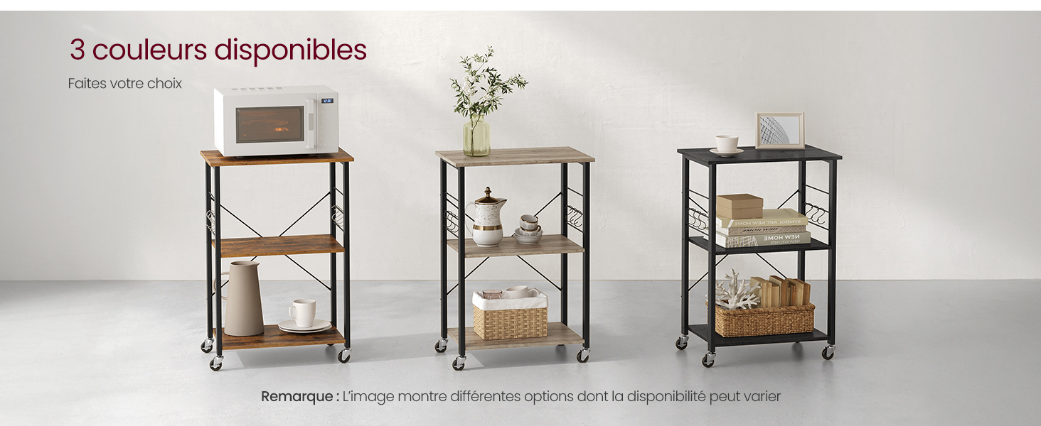Trois étagères en bois et en métal de différentes hauteurs, chacune comportant trois niveaux. Le texte indique « 3 couleurs disponibles » (3 couleurs
