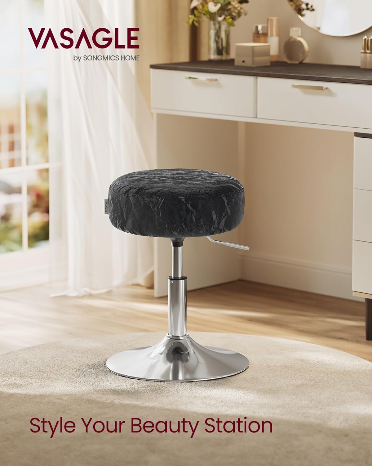 VASAGLE - Tabouret réglable pivotant PU, coussin épais, noir, LJB120B01