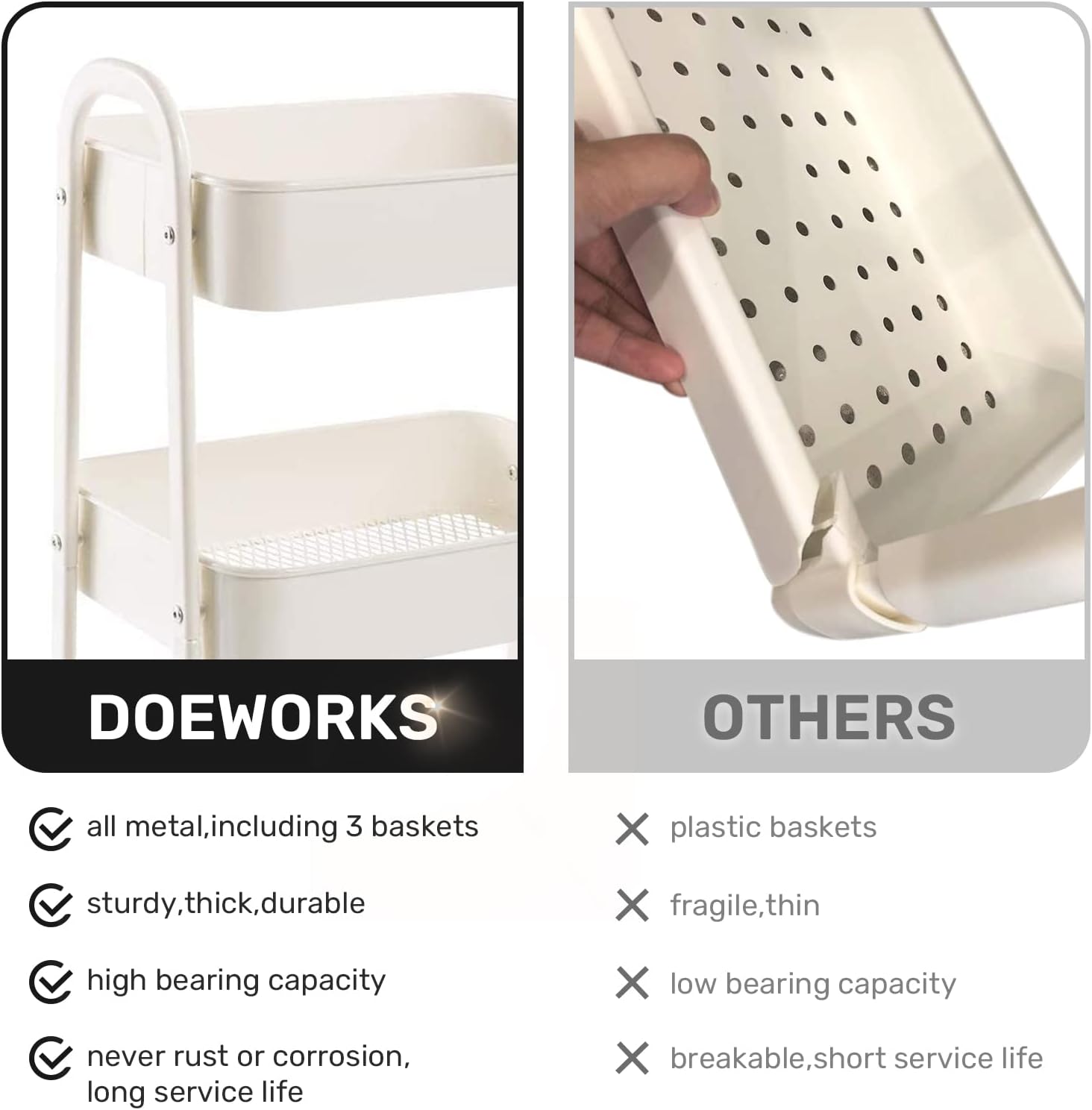 DOEWORKS - chariot métal 3 niveaux, roulettes, blanc, rangement cuisine