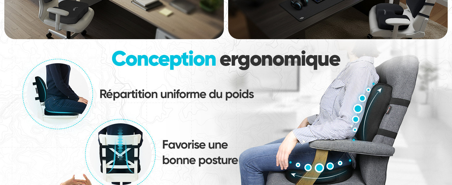 Le texte indique « Conception ergonomique ». Illustrations techniques illustrant les caractéristiques de conception ergonomiques et les considérations relatives à la posture.