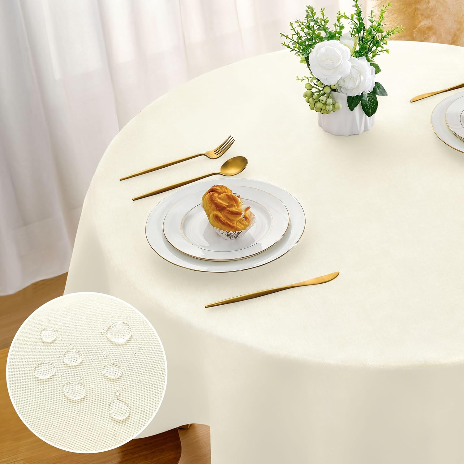 DWCN - Effet Lin rond 180 cm - nappe lavable imperméable champagne