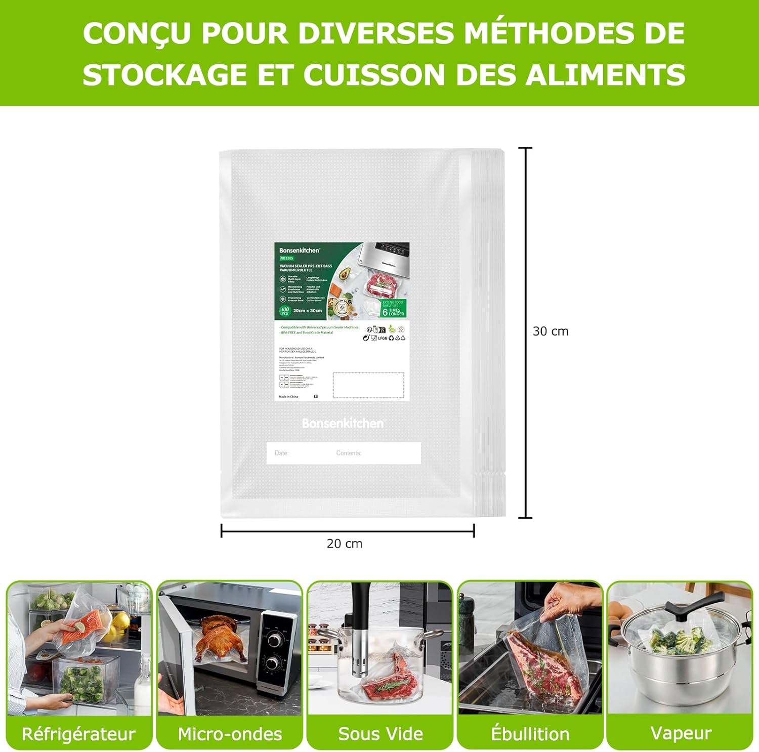 Bonsenkitchen - sacs sous vide VB3205 - 20x30 cm - 100 sachets gaufrés, conservation et cuisson