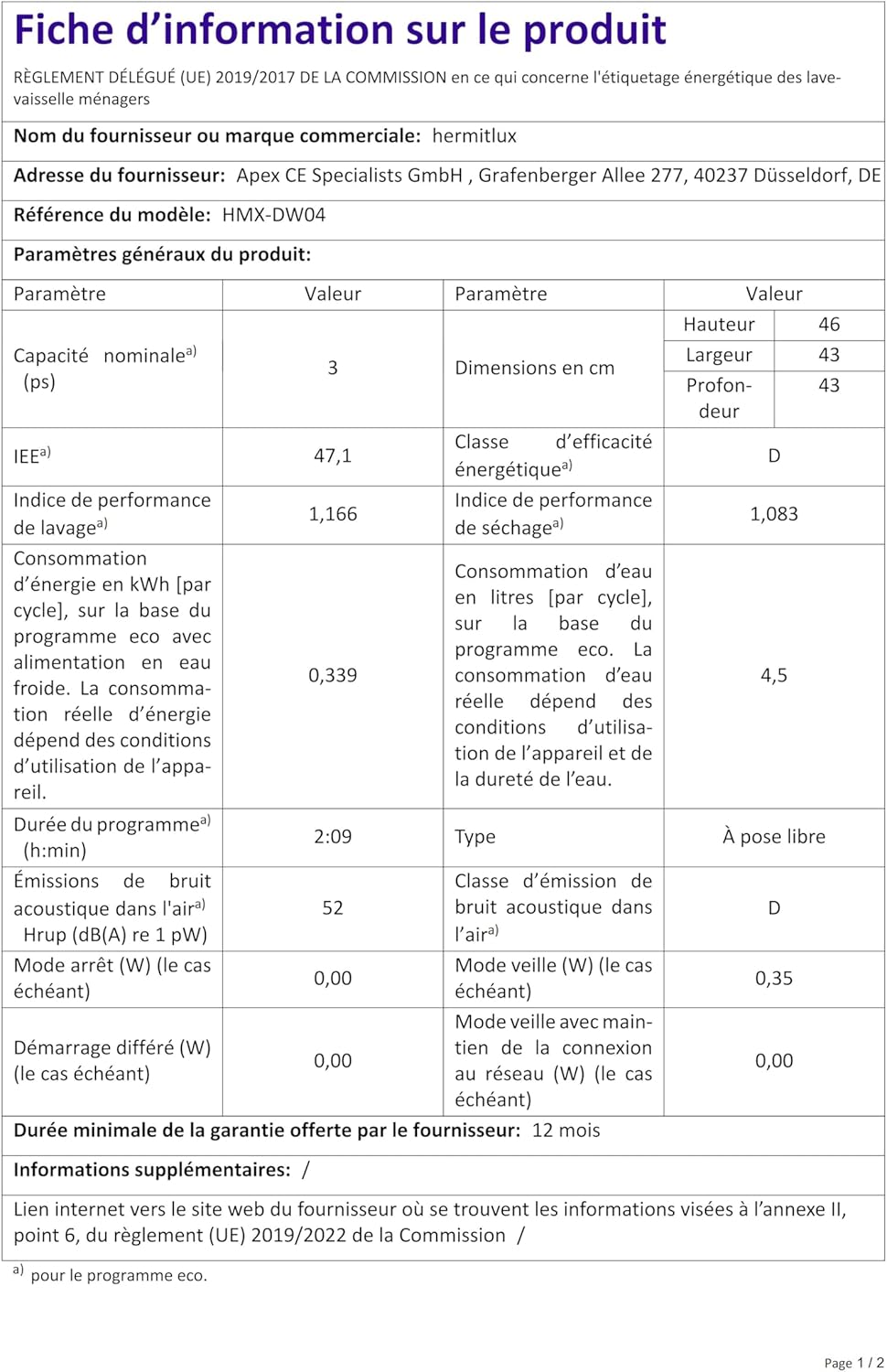 Hermitlux - mini lave-vaisselle 43cm - 4 couverts, robinet ou sans, 175 kWh/an