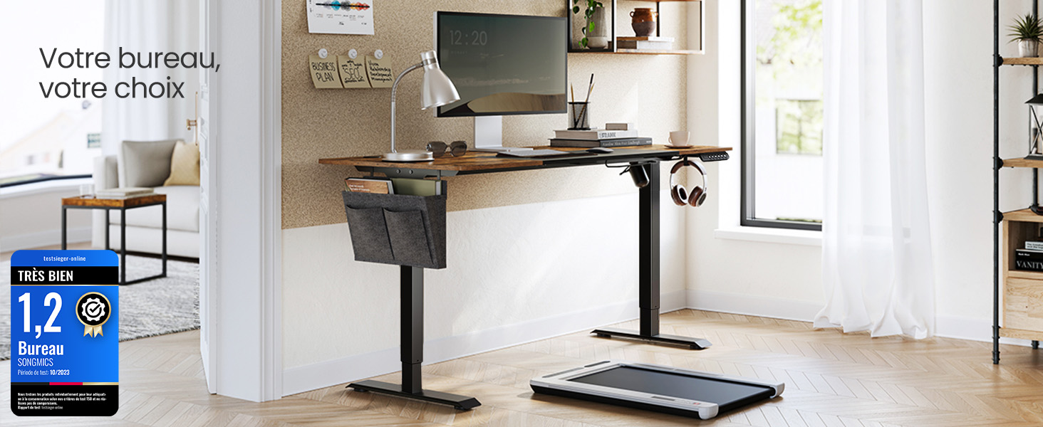 Plusieurs vues d'un bureau debout moderne dans un cadre intérieur lumineux, montrant la fonctionnalité de réglage de la hauteur et les options de configuration de l'espace de travail.