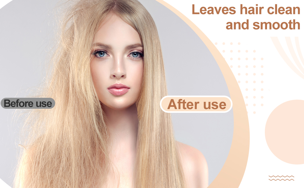 Image fractionnée comparant les cheveux blonds avant et après l'utilisation du produit. Le côté gauche montre des cheveux légèrement crépus, le côté droit montre des cheveux plus lisses et plus lisses. Le texte affirme qu'il « laisse les cheveux propres et lisses