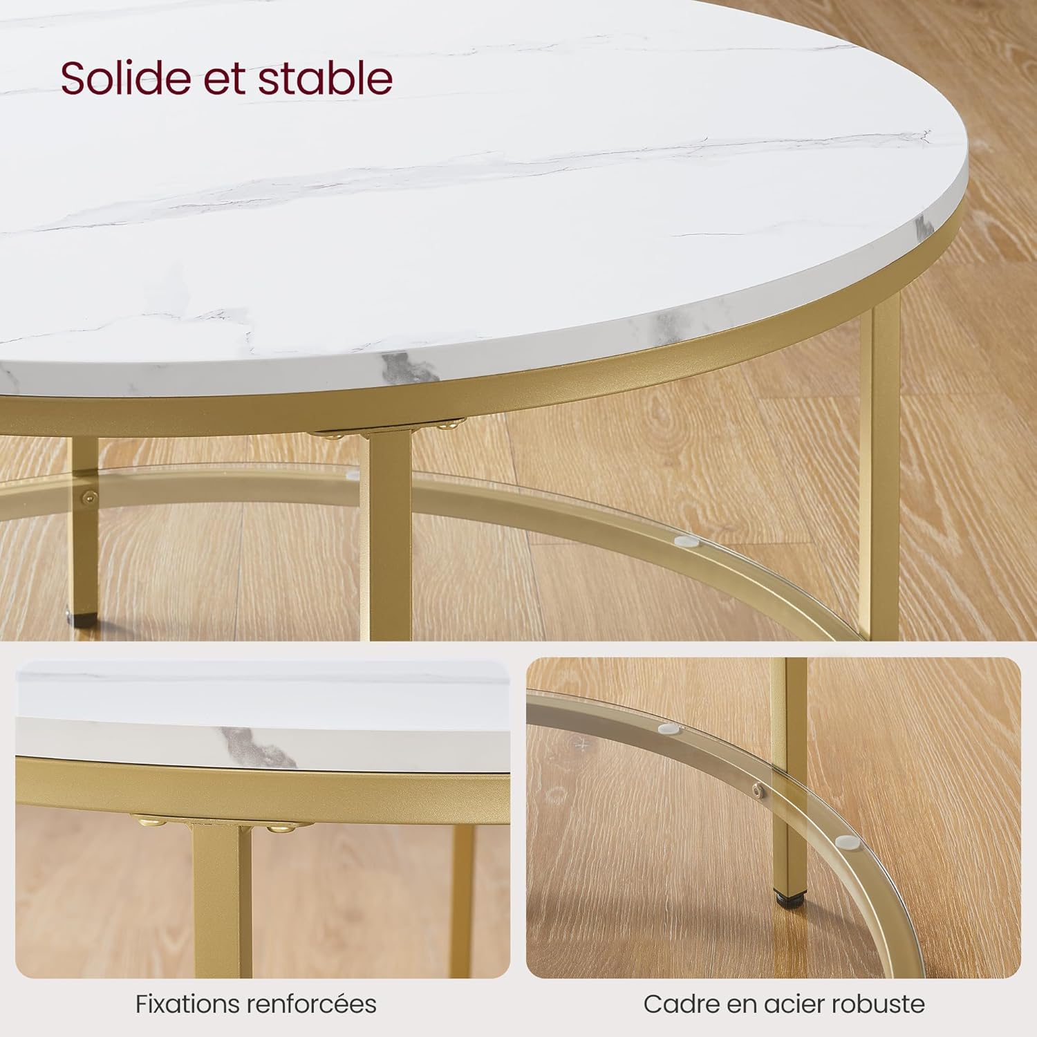 VASAGLE - table basse moderne marbre/verre 59x40cm dorée LCT071W59