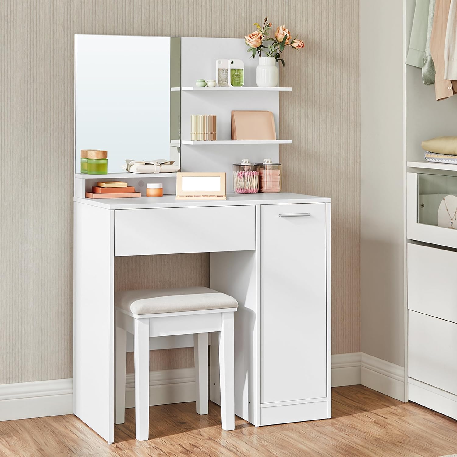 VASAGLE - Kailyn Collection coiffeuse, miroir, tabouret, étagères, blanc, RDT719W01