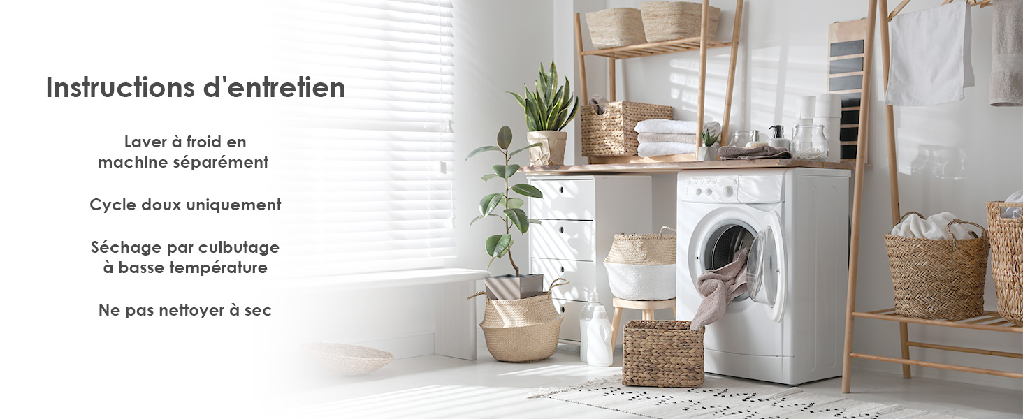 avec machine à laver à chargement frontal, étagères en bois et plantes en pot. Les instructions en français pour la maintenance de la machine sont visibles.