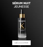 Le texte se lit comme suit : « SÉRUM NUIT JEUNESSE » et « DÉCOUVRIR ». L'image du produit montre une élégante bouteille de sérum noire et dorée sur fond sombre.