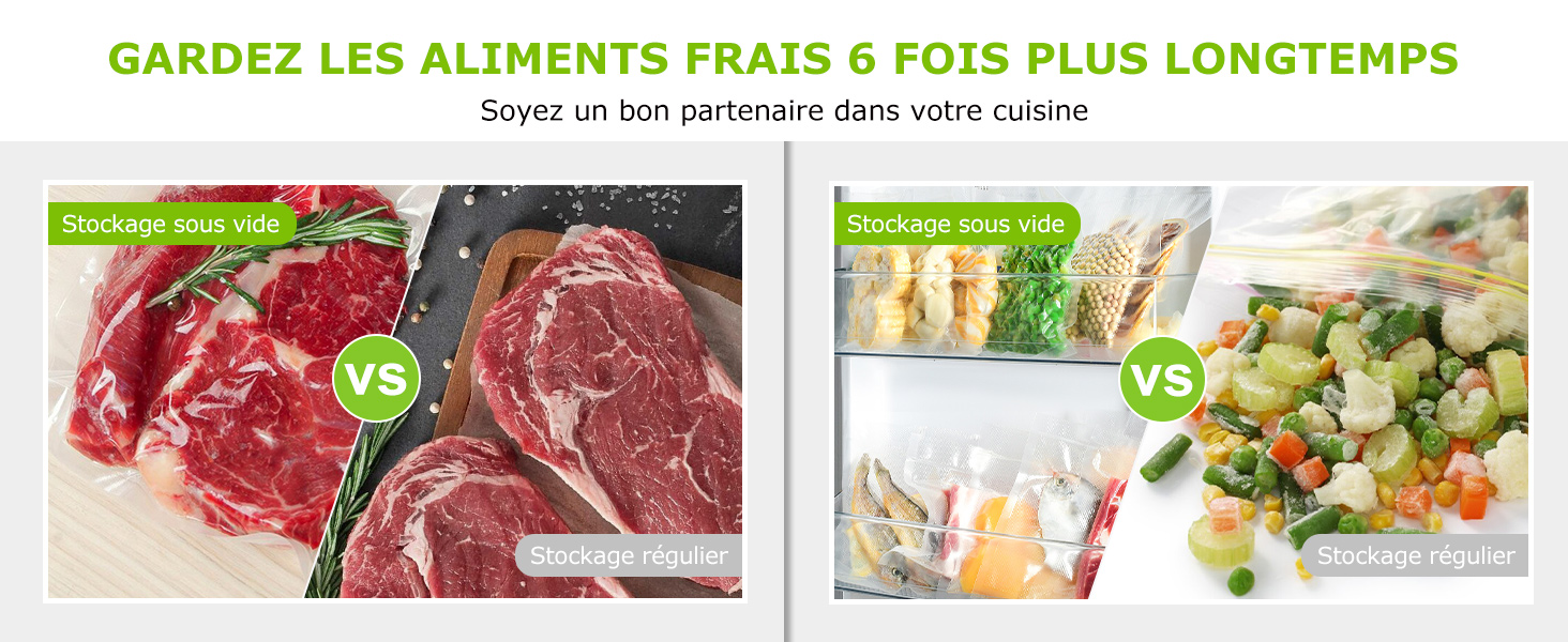 Le texte se lit comme suit : « GARDEZ LES ALIMENTS FRAIS 6 FOIS PLUS LONGTEMPS ». Série d'images de comparaison d'aliments montrant de la viande et des légumes frais avec un « VS » entre les panneaux.