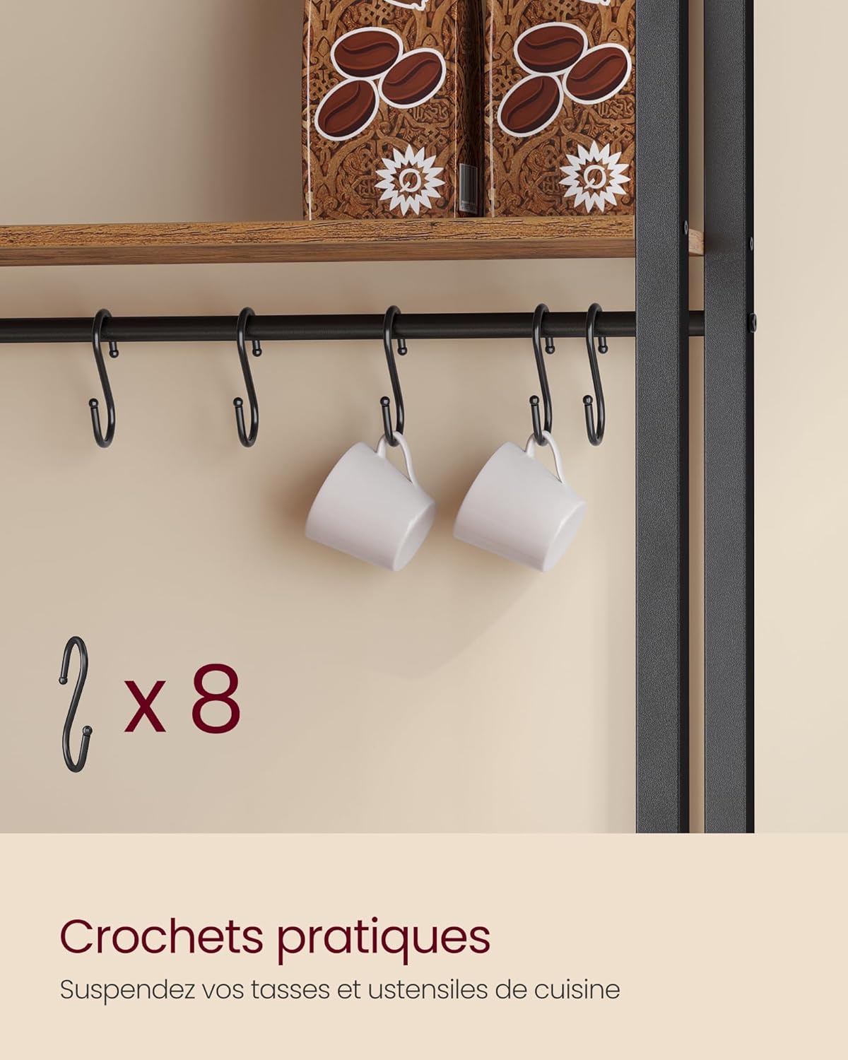 VASAGLE - étagère cuisine série KKS - 40x80x170 cm - plan de travail, multiprise, 8 crochets - KKS059KD02