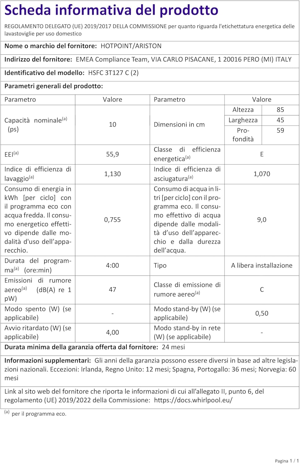 Hotpoint - Lave-vaisselle compact 45 cm, 10 couverts, A++, tactile - HSFC 3T127 C