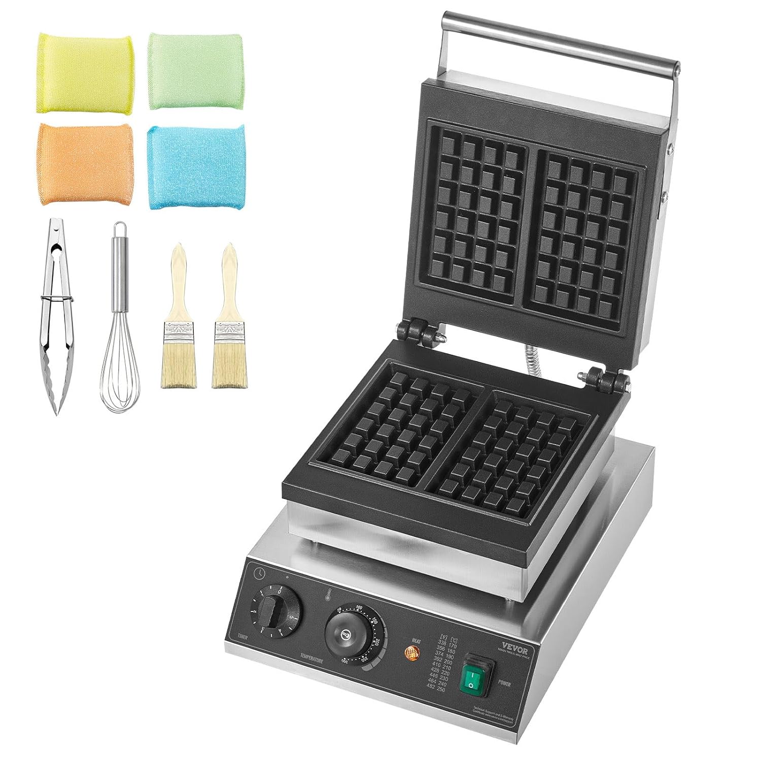 VEVOR - Gaufrier Commercial 2PCs - 2000W inox, antiadhésif, contrôle température et temps