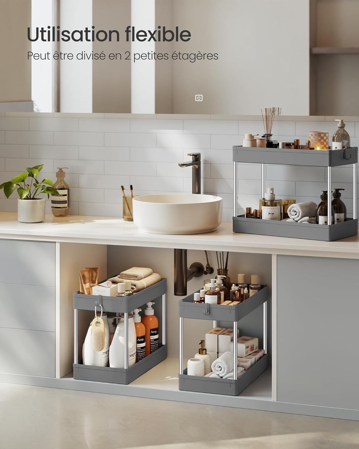 SONGMICS - Chariot cuisine 3 niveaux, acier, 23,6x42x60,6cm, 6 crochets, KSC009G01