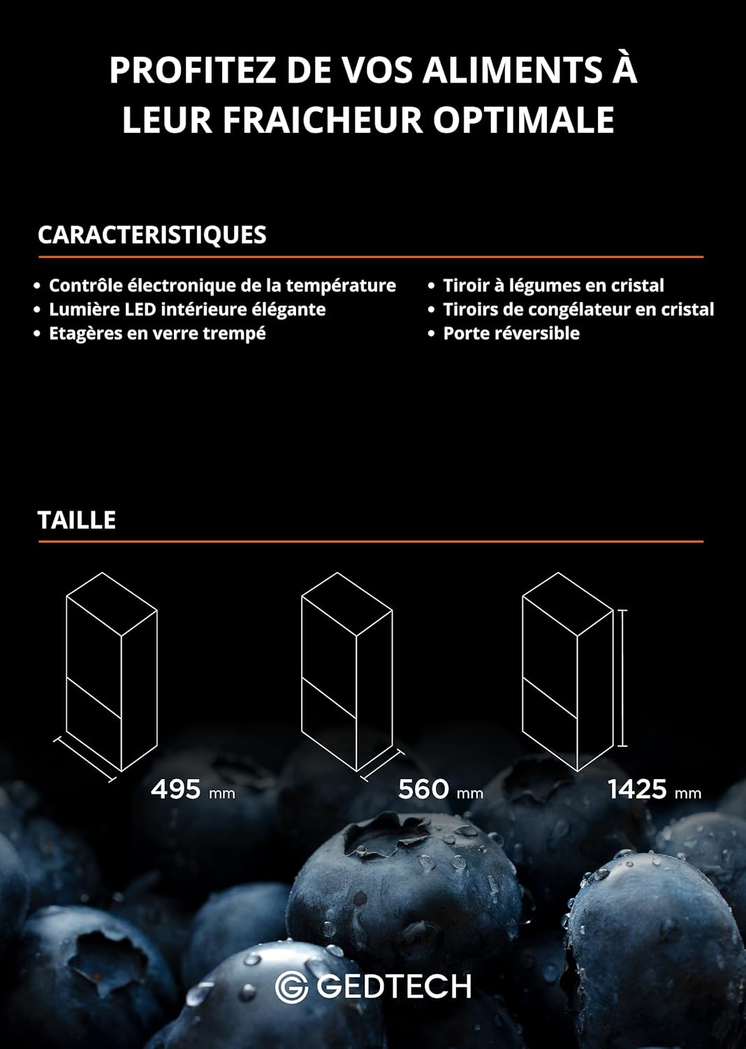 GEDTECH - Réfrigérateur combiné 173L, congélateur bas, 143cm - GCB173SL
