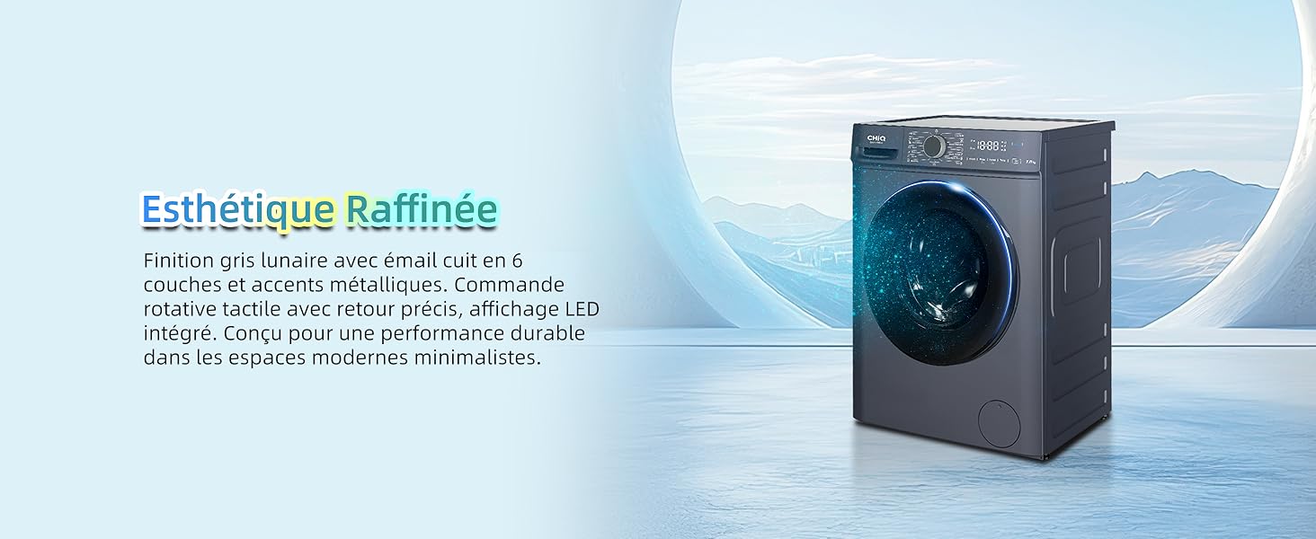 avec finition métallique gris foncé, grande porte circulaire et panneau de commande numérique, sur un fond serein au bord du lac