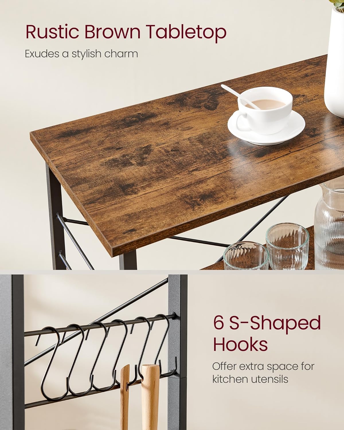 VASAGLE – Étagère cuisine 3 niveaux, métal, roulettes, 40x60x89cm, KKS60XV1